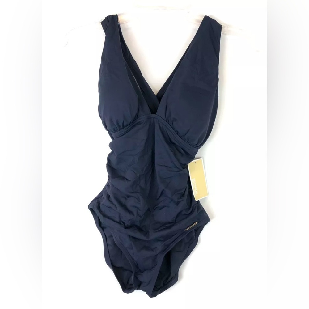 Michael Kors Womenβs High Neck Navy Blue Shirred One Piece Swimsuit Size 6